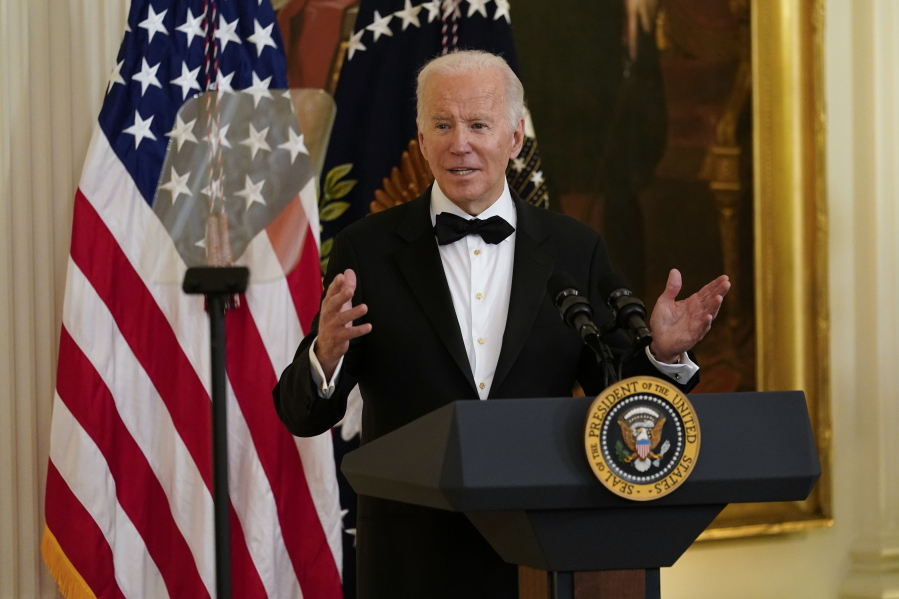 President Joe Biden speaks as he and first lady Jill Biden host the Kennedy Center Honorees Reception at the White House in Washington, Sunday, Dec. 5, 2021. The 2021 Kennedy Center honorees are Bette Midler, Joni Mitchell, Berry Gordy, Lorne Michaels, Justino D?az.