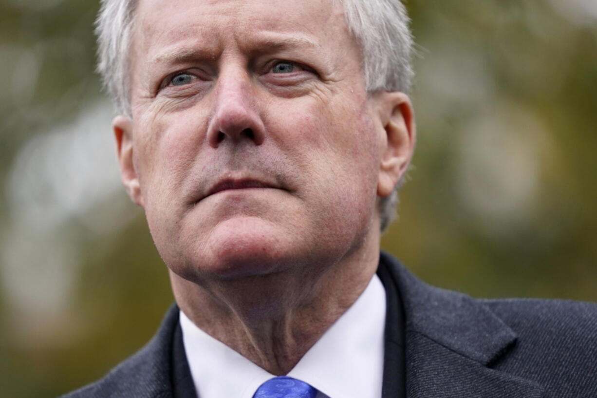 FILE - White House chief of staff Mark Meadows speaks with reporters outside the White House, Oct. 26, 2020, in Washington. The House panel investigating the Jan. 6 Capitol insurrection says it has "no choice" but to move forward with contempt charges against former Trump White House chief of staff Mark Meadows.