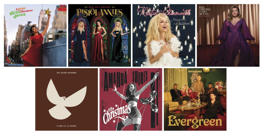 This combination of album covers shows, top row from left, "I Dream of Christmas" by Noraj Jones, "Hell of a Holiday" by Pistol Annies, "Happiness Is... Christmas" by Kristin Chenoweth, "When Christmas Comes Around..." by Kelly Clarkson, bottom row from left, "O Come All Ye Faithful" by Hiss Golden Messenger, "For Christmas" by Amanda Shires and "Evergreen" by Pentatonix.