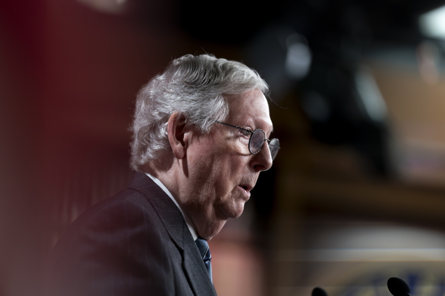 Senate Minority Leader Mitch McConnell, R-Ky., holds an end-of-the-year news conference, at the Capitol in Washington, Thursday, Dec. 16, 2021. (AP Photo/J.