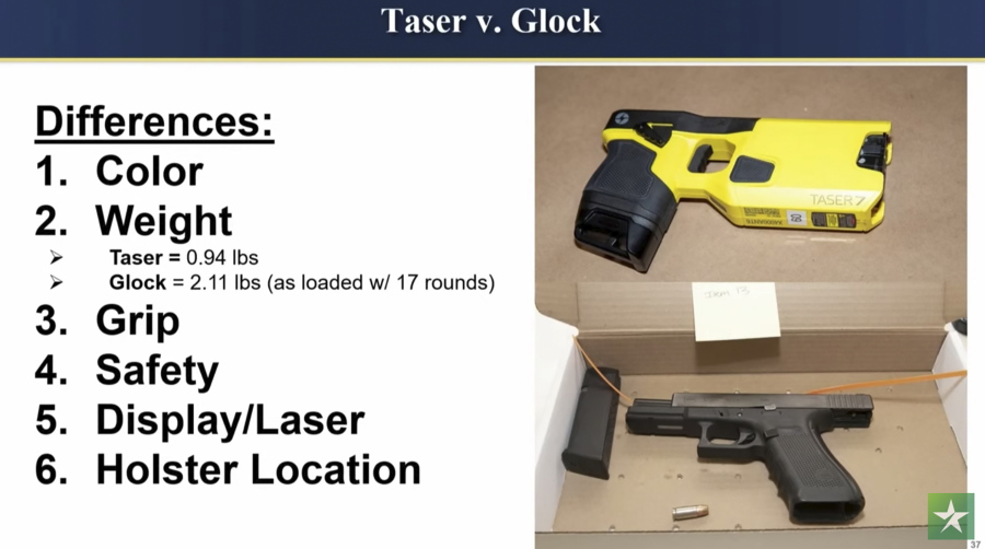 FILE - This image provided by the prosecution shows the difference between a Taser and a Glock as the state delivers their opening statement Wednesday, Dec. 8, 2021, in the trial of former Brooklyn Center police Officer Kim Potter in the April 11 death of Daunte Wright, at the Hennepin County Courthouse in Minneapolis. Prosecutors walked jurors through the differences between Potter's handgun and her Taser on Monday, Dec. 13.