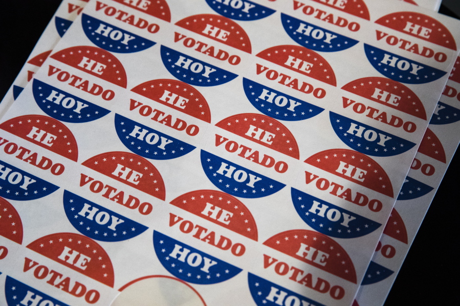 FILE - Shown in the Spanish language are "He Votado Hoy" stickers or I voted today at a polling place in Philadelphia, May 21, 2019. This month's elections may have offered a preview of the Spanish-language misinformation that could pose a growing threat to Democrats, who are already anxious about their standing with Latino voters after losing some ground with them last year.