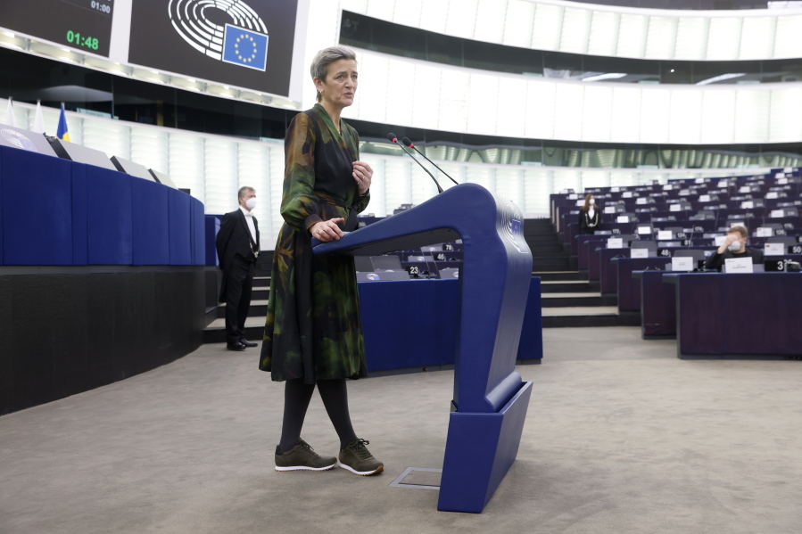 European Commissioner for Europe fit for the Digital Age Margrethe Vestager delivers her speech during a debate on the Digital Markets act at the European Parliament in Strasbourg, eastern France, Tuesday, Dec.14, 2021. The European Union's ambitious plan to update its pioneering internet rules gained momentum Tuesday, after a key committee passed measures requiring technology companies to better police content and lawmakers prepared to vote on regulations to rein in Big Tech.