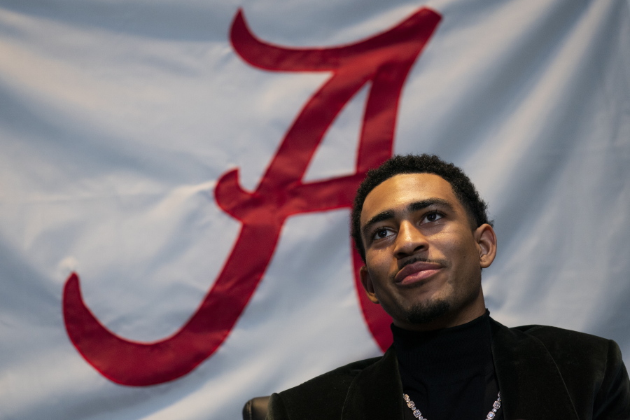 Heisman Trophy finalist Alabama quarterback Bryce Young speaks with members of the media before attending the Heisman Trophy award ceremony, Saturday, Dec. 11, 2021, in New York.