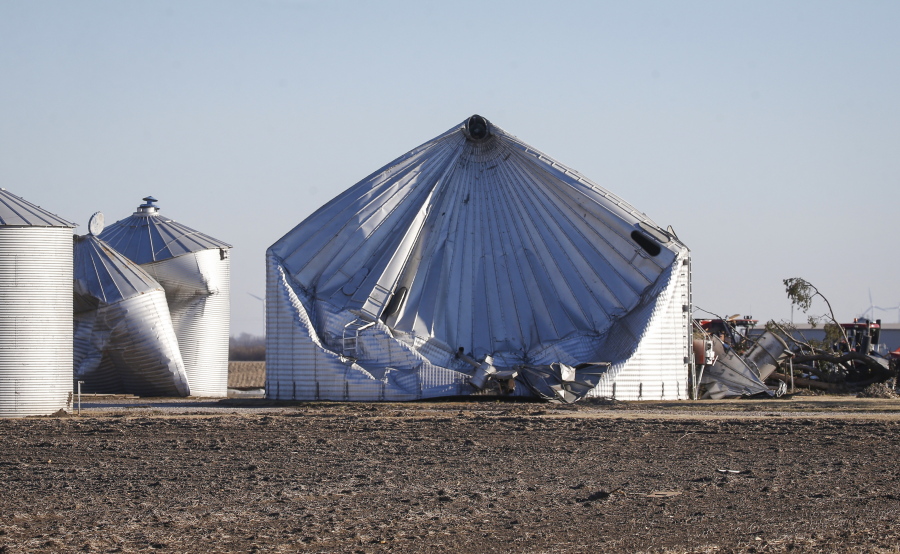 Damage to a grain bin is seen in Greene County, Iowa, on Thursday, Dec. 16, 2021, after a band of severe weather produced strong wind gusts and reports of tornadoes across much of the state Wednesday night. The storm caused property damage and downed power lines, leaving many Iowans without electricity.