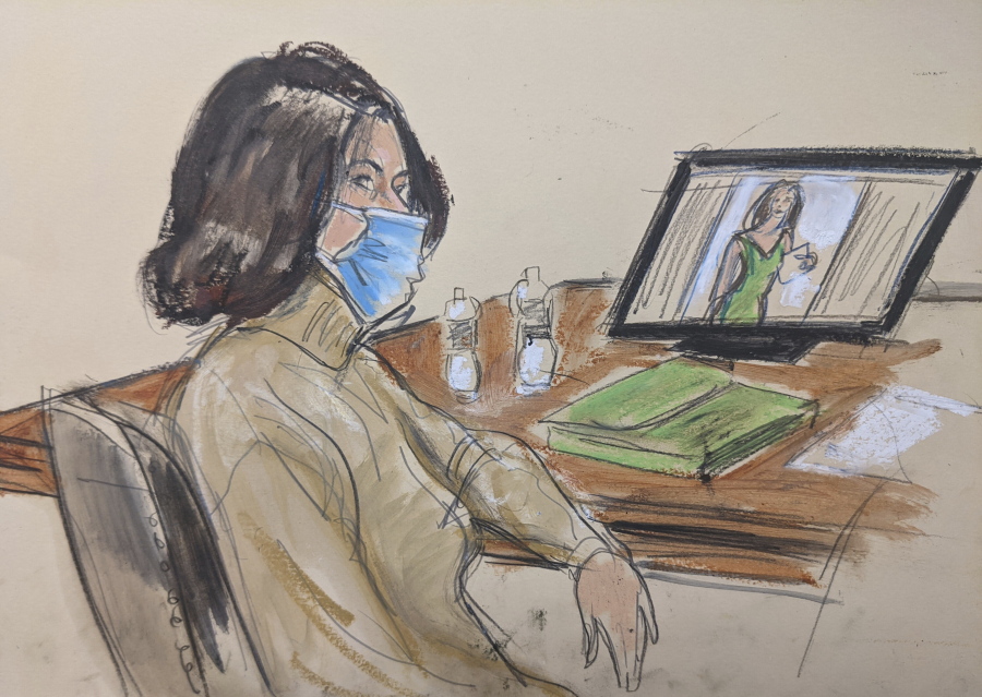 In this courtroom sketch, Ghislaine Maxwell is seated at the defense table while watching testimony of witnesses during her trial, Tuesday, Nov. 30, 2021, in New York.