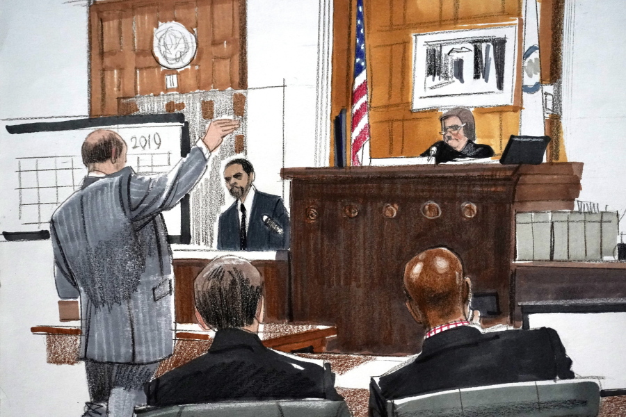In this courtroom sketch, Special prosecutor Dan Webb, left, cross examines actor Jussie Smollett as Cook County Judge James Linn and members of Webb's team listen Tuesday, Dec. 7, 2021, in Chicago.