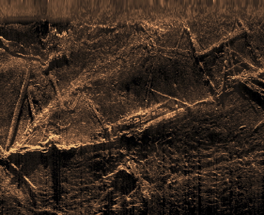 This sonar image created by SEARCH Inc. and released by the Alabama Historical Commission shows the remains of the Clotilda, the last known U.S. ship involved in the trans-Atlantic slave trade. Researchers studying the wreckage have made the surprising discovery that most of the wooden schooner remains intact in a river near Mobile, Ala. including the pen that was used to imprison African captives during the brutal journey across the Atlantic Ocean.