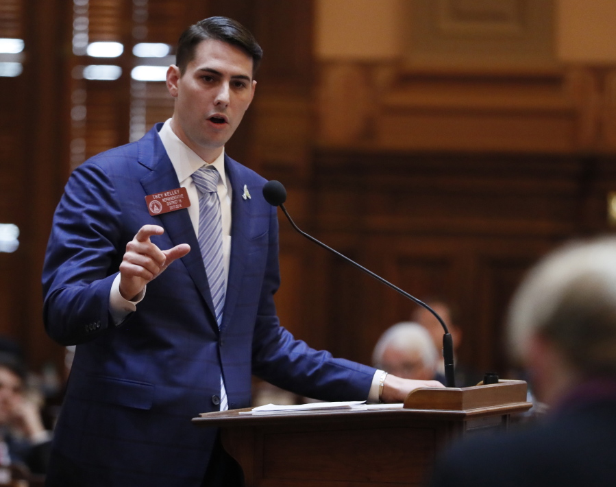 FILE -- Rep. Trey Kelley, R - Cedartown, speaks to the Georgia House on Thursday, March 29, 2018. A judge on Tuesday, Dec. 21, 2021 dismissed a criminal charge of reckless conduct against Kelley, finding the lawmaker could not have committed a crime by not calling 911 in 2019 after a fatal hit-and-run accident.