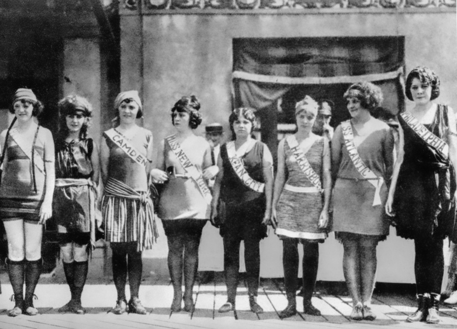 FILE - Contestants in the first Miss America pageant line up for the judges in Atlantic City, N.J., in September 1921. The competition is marking its 100th anniversary on Thursday, Dec. 16, 2021, having managed to maintain a complicated spot in American culture with a questionable relevancy.