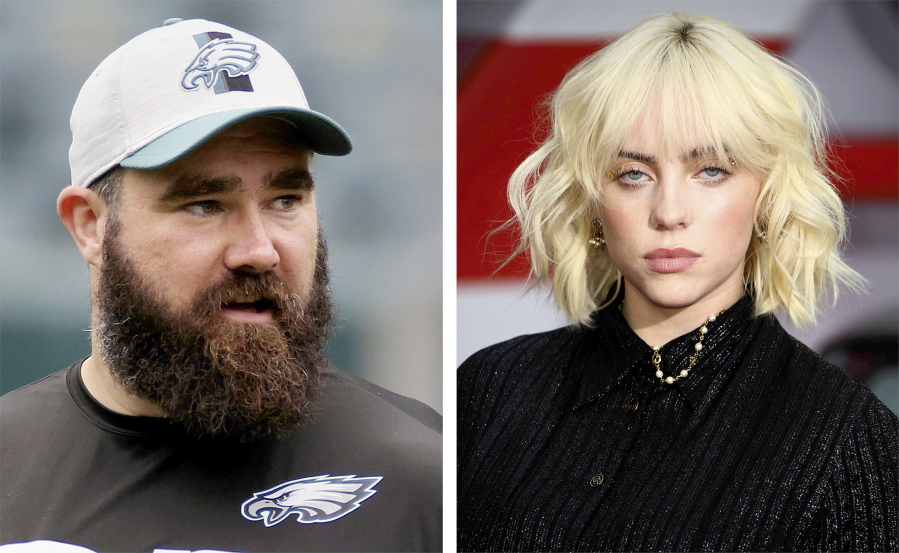 This combination of 2021 photos shows Philadelphia Eagles' Jason Kelce,, left, and Billie Eilish in London. The grammy Award-winning singer-songwriter and Eagles center have something in common, broadcasters have difficulty pronouncing their names. Both Eilish and Kelce, as well as "omicron" made it onto this year's list of most mispronounced words as compiled by the U.S. Captioning Company, which captions and subtitles real-time events on TV and in courtrooms.