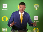 New Oregon football head coach Dan Lanning takes questions from media after being formally introduced by the Ducks, Monday Dec. 13, 2021, in Eugene, Ore. Oregon hired Georgia defensive coordinator Lanning as head coach Saturday, completing a search for Mario Cristobal's replacement that took less than a week.