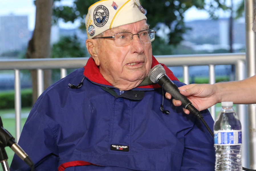 Pearl Harbor survivor Herb Elfring speaks at a news conference in Pearl Harbor, Hawaii on Sunday, Dec. 5, 2021. A few dozen survivors of Pearl Harbor are expected to gather Tuesday, Dec. 7 at the site of the Japanese bombing 80 years ago to remember those killed in the attack that launched the U.S. into World War II.