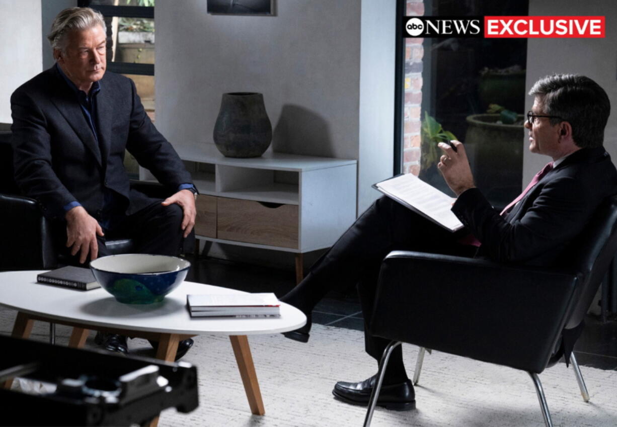 This image released by ABC News shows actor-producer Alec Baldwin, left, during an interview with "Good Morning America" co-anchor George Stephanopoulos. The hour-long interview about the fatal shooting on the set of Baldwin's film "Rust," will air Thursday, Dec. 2 at 9 p.m. EST on ABC.
