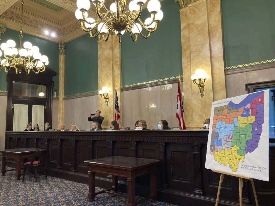 Members of the Ohio Senate Government Oversight Committee hear testimony on a new map of state congressional districts on Tuesday, Nov. 16, 2021, at the Ohio Statehouse in Columbus, Ohio.
