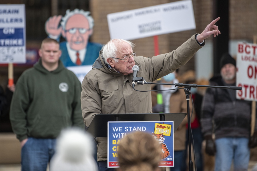 U.S. Sen. Bernie Sanders, I-Vt., speaks at a rally with striking Kellogg workers at Festival Market Square in downtown Battle Creek, Mich., on Friday, Dec. 17, 2021. Kellogg's reached a new tentative agreement this week with its 1,400 striking cereal plant workers that could bring an end to the strike that began Oct. 5. The results of the contract vote are expected to be released next week.