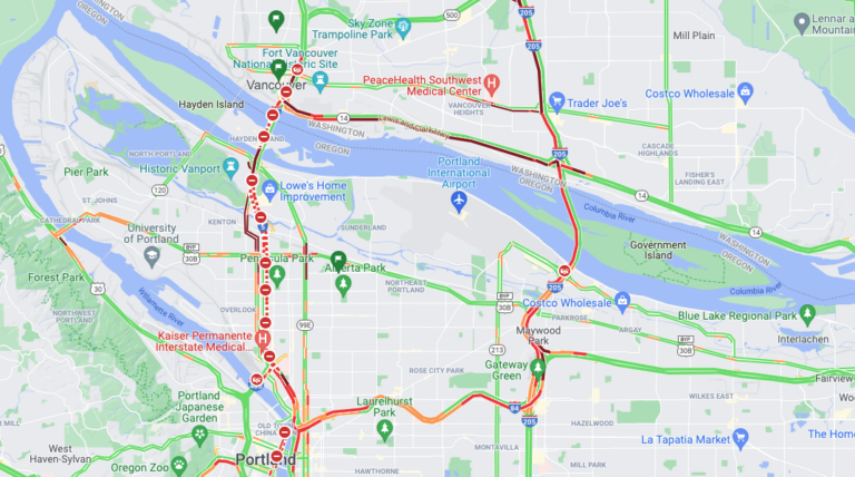 Traffic in Portland and Vancouver as of noon Monday. I-5 closures in Portland due to police activity have snarled traffic all over the metro area.
