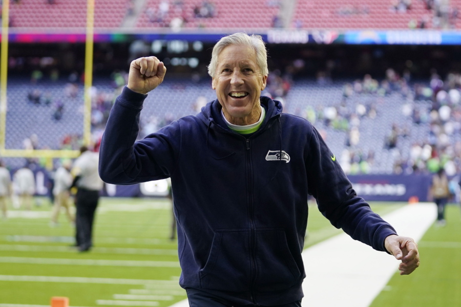 Seattle Seahawks head coach Pete Carroll reacts after his team's win over the Houston Texans on Dec. 12 in Houston.