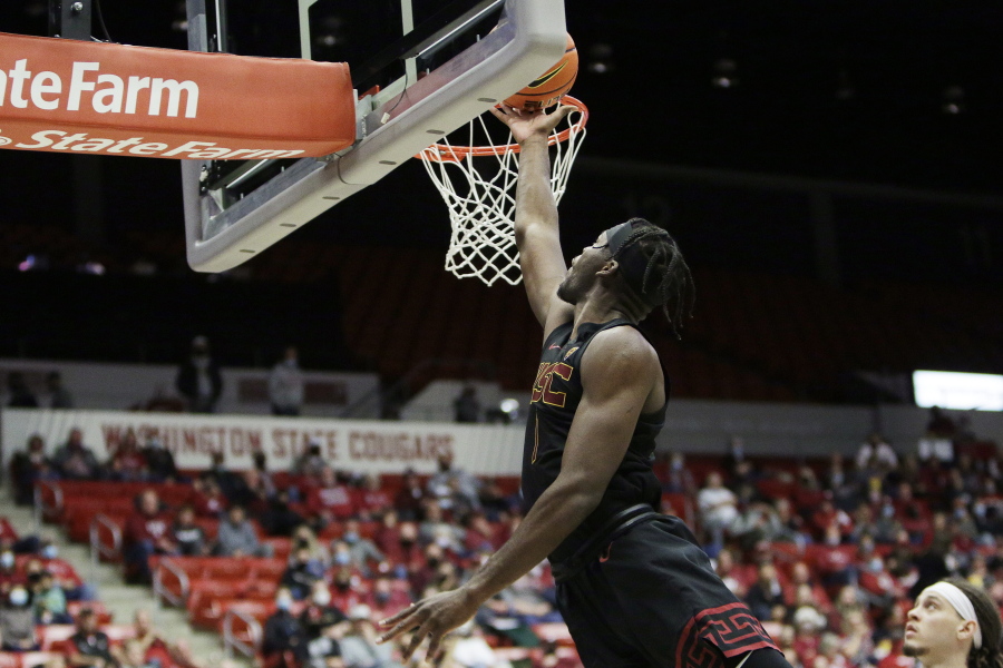 Southern California forward Chevez Goodwin shoots during the second half of an NCAA college basketball game against Washington State, Saturday, Dec. 4, 2021, in Pullman, Wash.