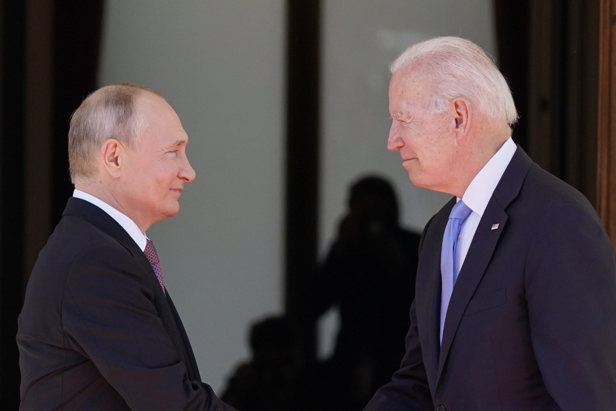 FILE - President Joe Biden and Russian President Vladimir Putin, arrive to meet at the 'Villa la Grange', in Geneva, Switzerland, June 16, 2021.