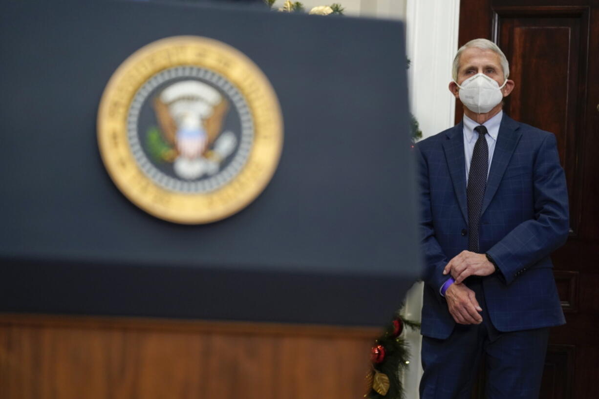 Dr. Anthony Fauci, director of the National Institute of Allergy listens as President Joe Biden speaks about the COVID-19 variant named omicron, in the Roosevelt Room of the White House, Monday, Nov. 29, 2021, in Washington.