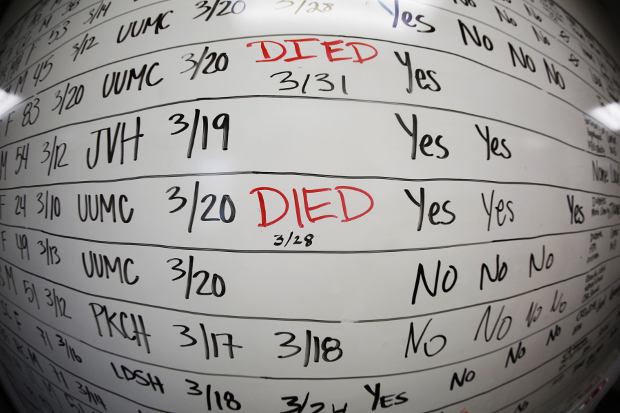 FILE - This May 13, 2020, file photo taken with a fisheye lens shows a list of the confirmed COVID-19 cases in Salt Lake County early in the coronavirus pandemic at the Salt Lake County Health Department, in Salt Lake City. The arrival of the omicron variant of the coronavirus in the U.S. has health officials in some communities reviving contact tracing operations in an attempt to slow and better understand its spread as scientists study how contagious it is and whether it can thwart vaccines.