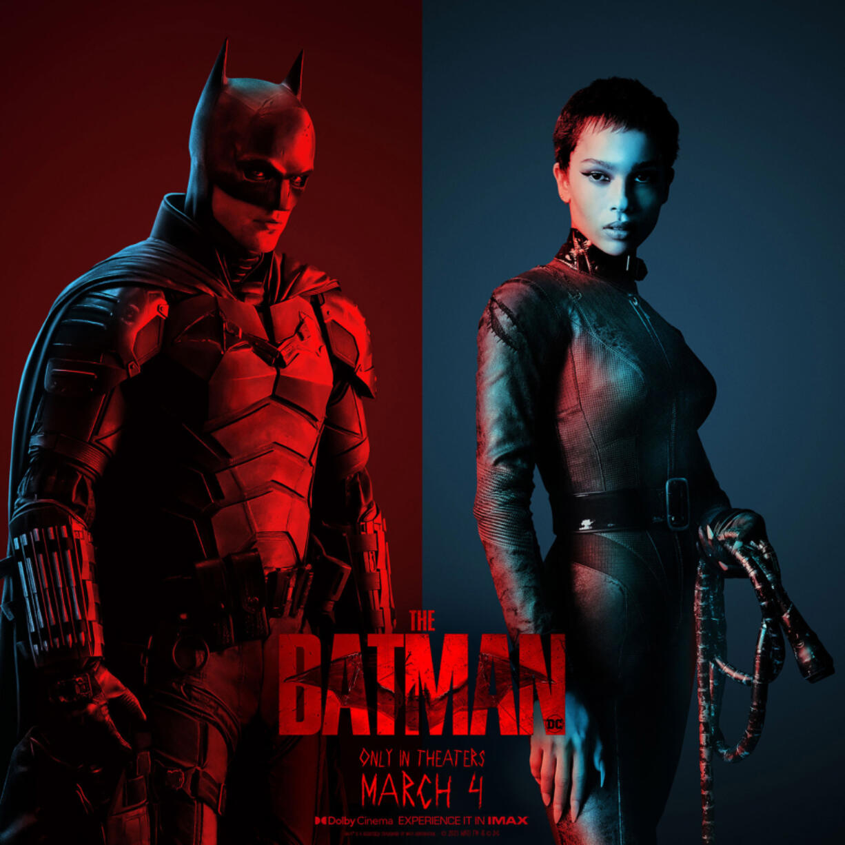 Robert Pattinson, left, is the Dark Knight, and Zoe Kravitz is Catwoman in the upcoming "The Batman." (Sony Pictures)