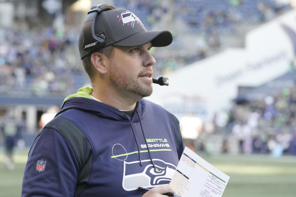 Seattle Seahawks offensive coordinator Shane Waldron during an NFL football game against the Jacksonville Jaguars, Sunday, Oct. 31, 2021, in Seattle. (AP Photo/Ted S.