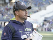 Seattle Seahawks offensive coordinator Shane Waldron during an NFL football game against the Jacksonville Jaguars, Sunday, Oct. 31, 2021, in Seattle. (AP Photo/Ted S.