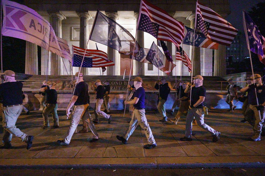 Members of the Patriot Front, a white supremacist group, march in Philadelphia, Pennsylvania on July 3, 2021.