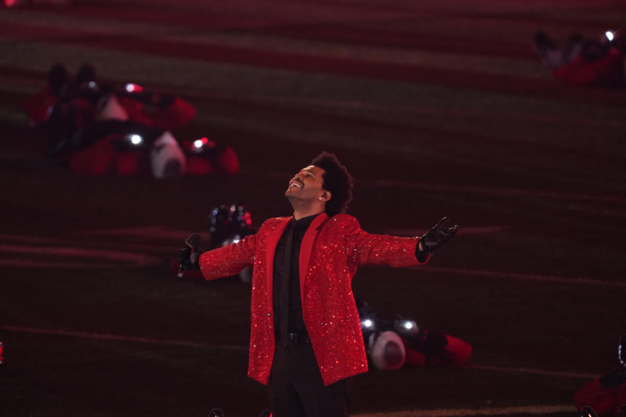 The Weeknd performs in front of fans during the halftime show for Super Bowl LV on Feb. 7 in Tampa, Fla.