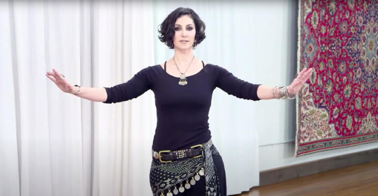 Portland-based Studio Datura owner Rachel Brice teaches a belly dance class online.
