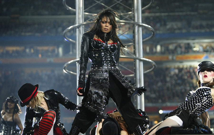 Singer Janet Jackson performs during the halftime show at Super Bowl XXXVIII between the New England Patriots and Carolina Panthers at Reliant Stadium on Feb. 1, 2004, in Houston.