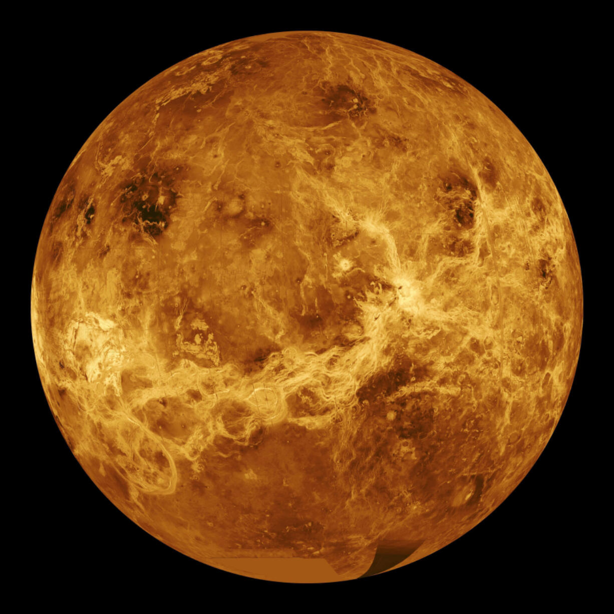 So sweet and pretty from a distance, so scary close up. This image of Venus was made with data produced by space probes in the early 1990s. Scientists are studying why our nearest planetary neighbor is so different from Earth - starting with its surface temperature of around 900 degrees Fahrenheit.