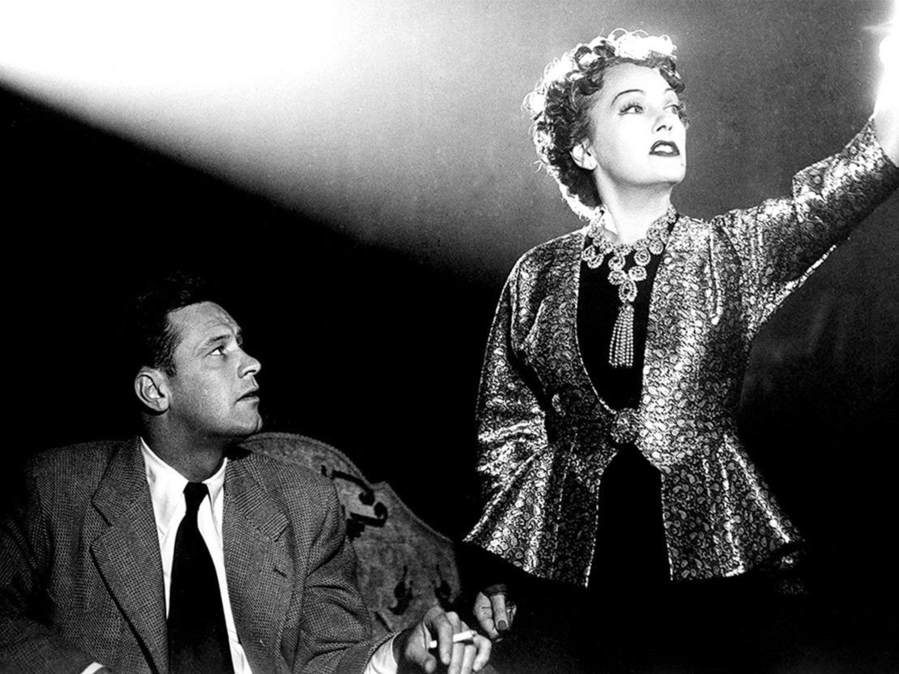 Hollywood's cynicism about Hollywood gets a darkly comic treatment in the 1950 classic "Sunset Boulevard," featuring Gloria Swanson and William Holden (pictured here) and Erich von Stroheim.