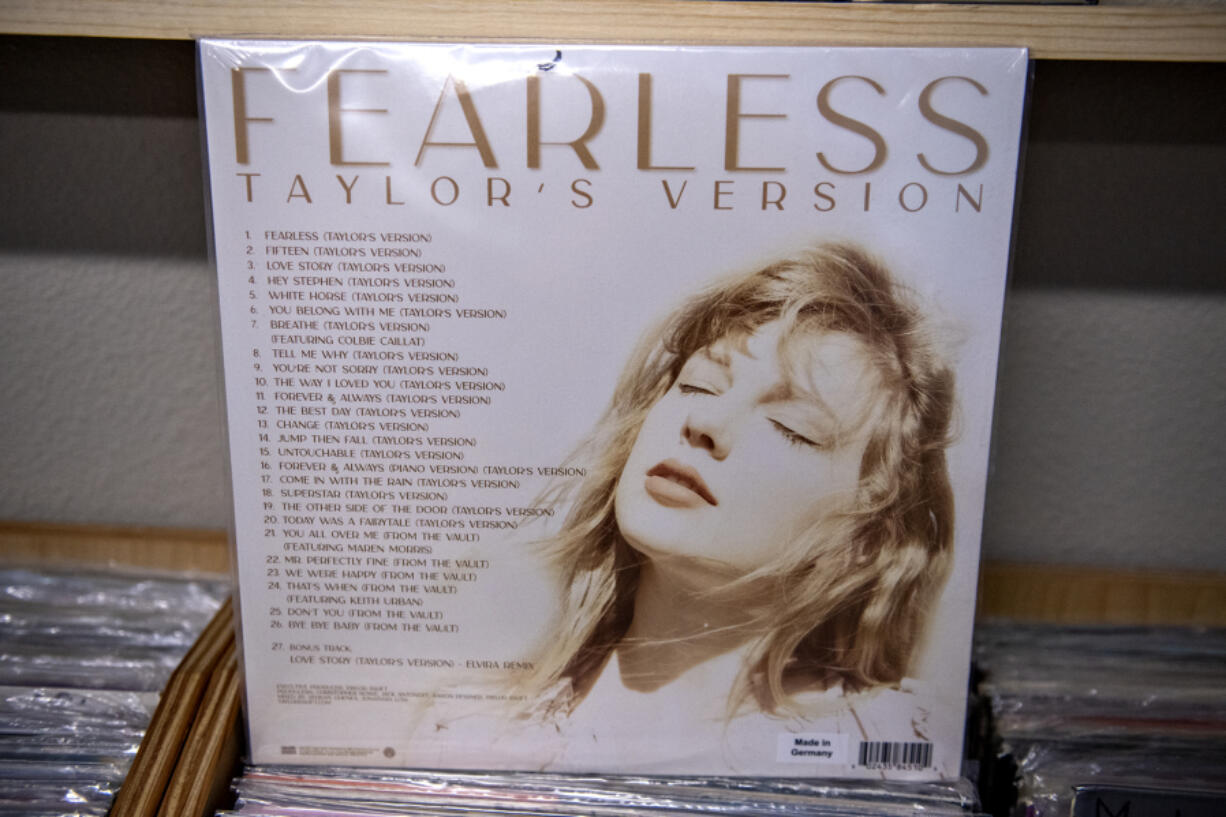 A copy of the album "Fearless Taylor's Version" by Taylor Swift is among the vinyl records for sale at Everybody's Music, as seen on Wednesday afternoon, Jan. 5, 2022. Modern era LP sales records were broken over the holiday.