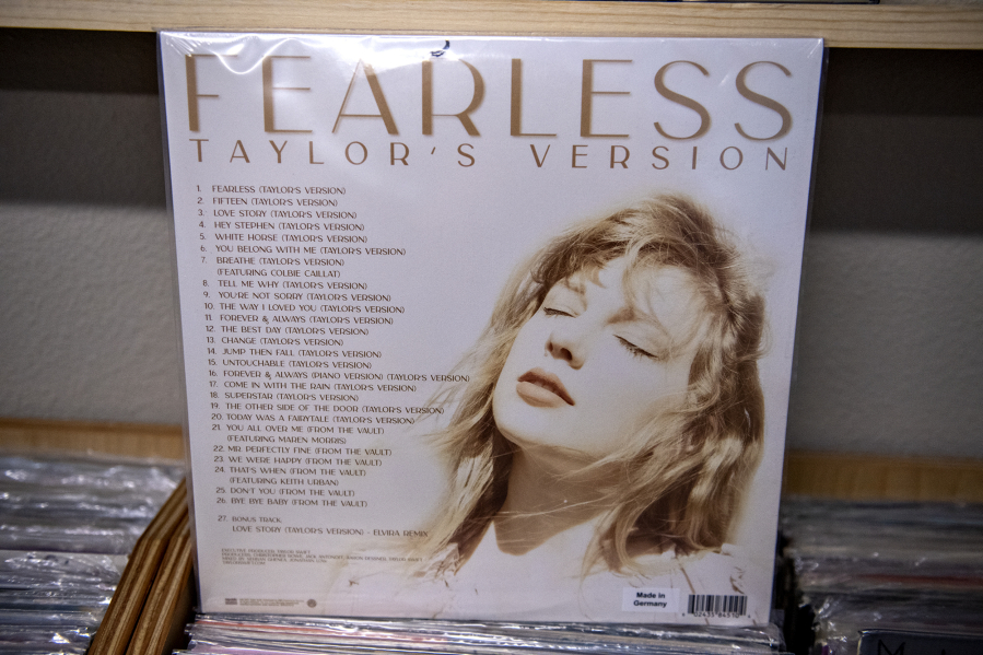 A copy of the album "Fearless Taylor's Version" by Taylor Swift is among the vinyl records for sale at Everybody's Music, as seen on Wednesday afternoon, Jan. 5, 2022. Modern era LP sales records were broken over the holiday.