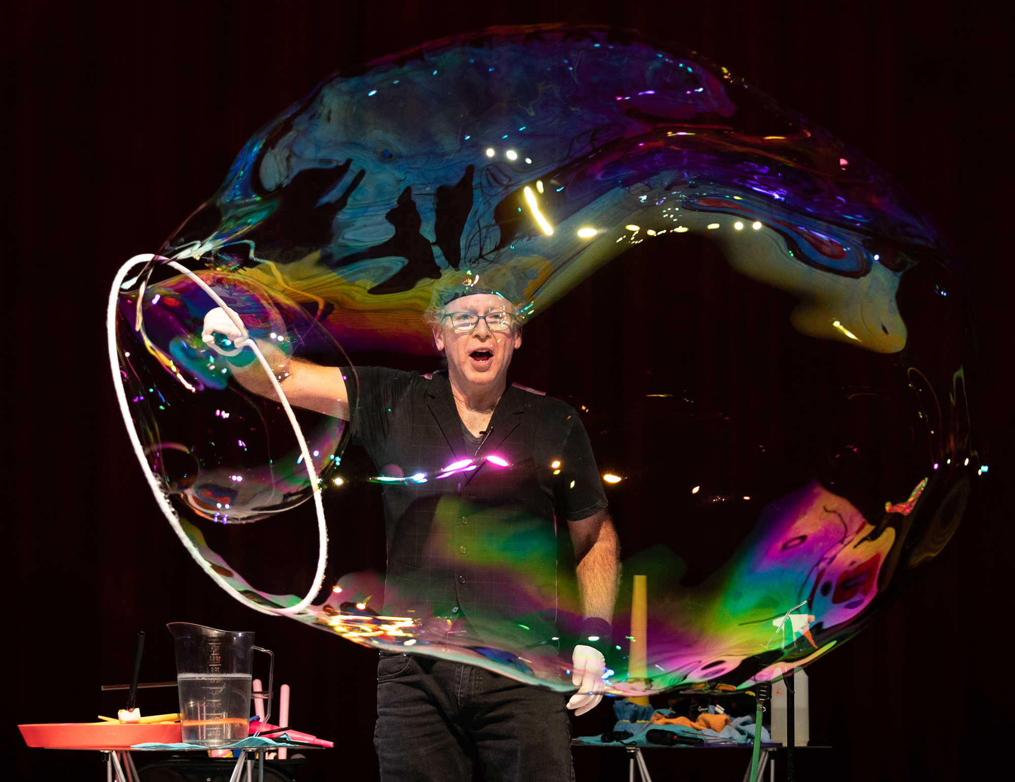 Louis Pearl, who's stage name is The Amazing Bubble Man, performs for the audience as part of Columbia Play Project's Wiggles and Giggles series at Kiggins Theatre on Saturday. The next performance in the Wiggles and Giggles series will feature Hearts and Hands Drumming on Feb. 12 at Kiggins Theatre.