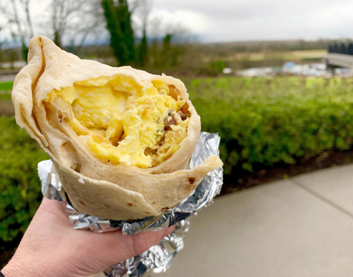 The Ridgefield-based food truck Little Conejo Norte's breakfast burrito ($9) comes stuffed with fluffy eggs surrounded by hash browns, house-smoked pork and American cheese.