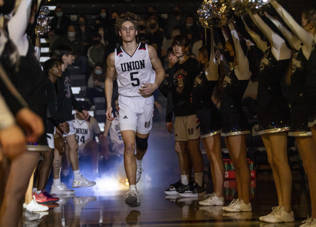 Union senior Evan Eschels is introduced Wednesday, Jan. 12, 2022, before the Titans’ game against Camas at Union High School.