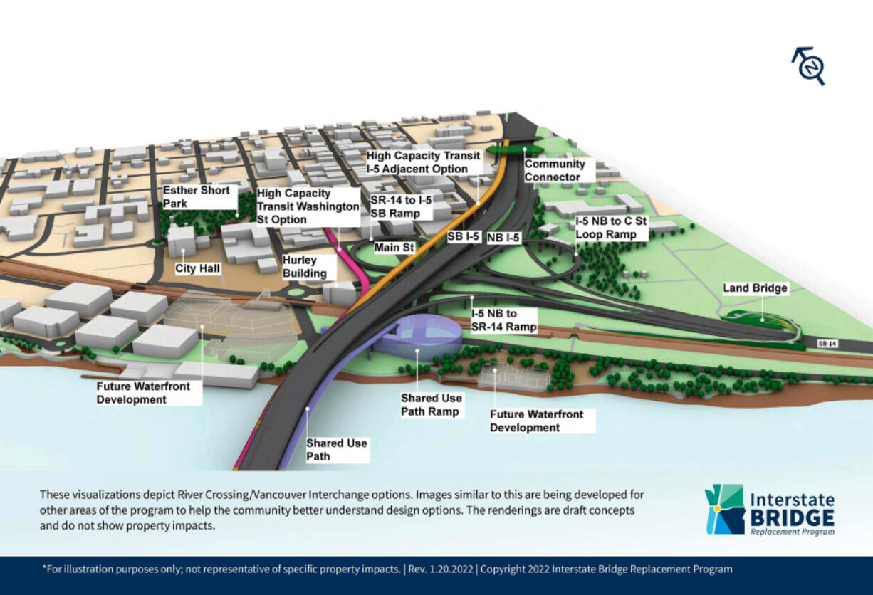 A conceptual design shows one way the Interstate 5 Bridge replacement could look passing through Vancouver's downtown area. This option shows a single stacked bridge, while another other shows two bridges. Both incorporate high-capacity transit and a shared-use path for pedestrians and bicycles.