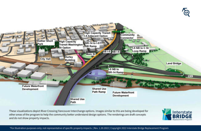 A conceptual design shows one way the Interstate 5 Bridge replacement could look passing through Vancouver's downtown area. This option shows a single stacked bridge, while another other shows two bridges. Both incorporate high-capacity transit and a shared-use path for pedestrians and bicycles.