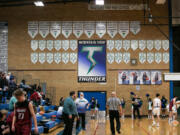 A collection of banners commemorate the past successes of teams in the Mountain View gym during a boys basketball game on Friday, January 28, 2022. This is the final basketball season that will be played in the schools original gym.