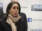 FILE - Former Alaska Assistant Attorney General Elizabeth Bakalar speaks a news conference on Jan. 10, 2019, in Anchorage, Alaska, after she sued the state. A federal judge on Thursday, Jan. 20, 2022, ruled that Bakalar was wrongfully terminated by the then-new administration of Alaska Gov. Mike Dunleavy for violating her freedom of speech rights.