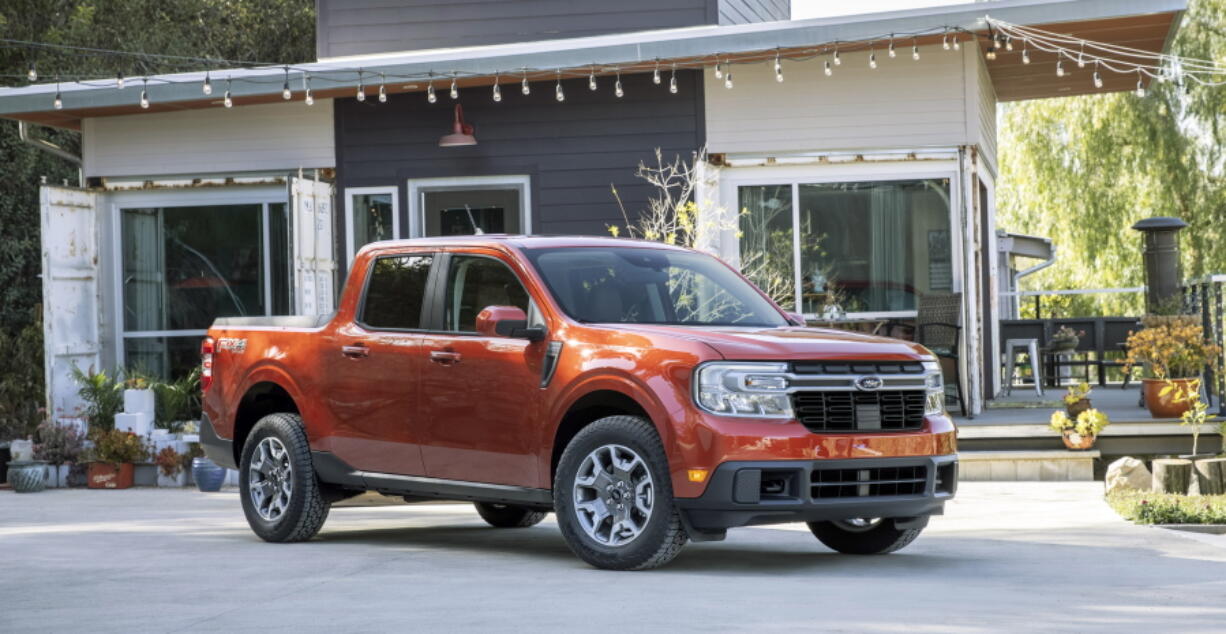 This photo provided by Ford shows the 2022 Ford Maverick, a compact pickup truck with a choice of a hybrid or turbocharged engine. (Courtesy of Ford Motor Co.