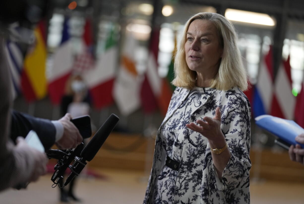 Dutch Finance Minister Sigrid Kaag speaks with the media as she arrives for a meeting of eurogroup finance ministers at the European Council building in Brussels, Monday, Jan. 17, 2022. Euro finance chiefs hold their first meeting of 2022 in Brussels today facing a challenge that spilled over from last year: surging prices. Inflation in the 19-nation euro area has risen to a record amid an energy-market squeeze while the economic outlook for Europe has dimmed following a recovery in 2021 from the pandemic-induced recession.