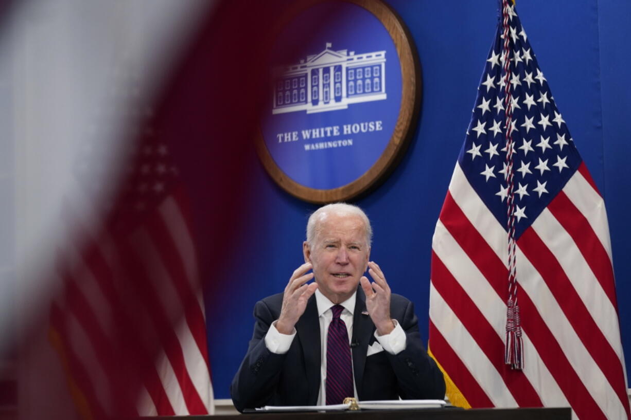 President Joe Biden speaks during a meeting with the President's Council of Advisors on Science and Technology at the Eisenhower Executive Office Building on the White House Campus, Thursday, Jan. 20, 2022.