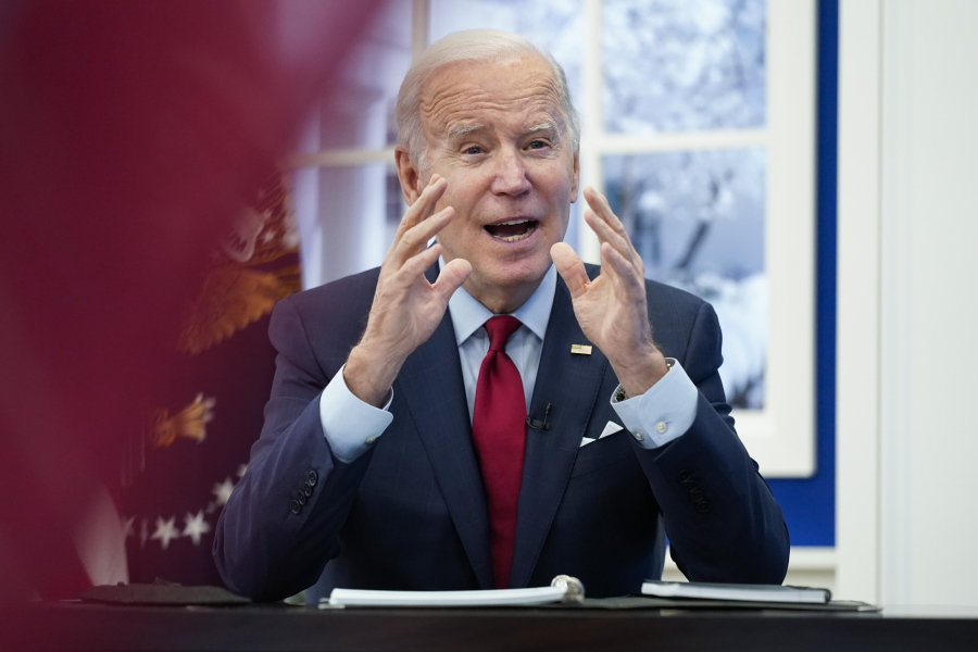 President Joe Biden arrives to meet with the White House COVID-19 Response Team on the latest developments related to the Omicron variant in the South Court Auditorium in the Eisenhower Executive Office Building on the White House Campus in Washington, Tuesday, Jan. 4, 2022.