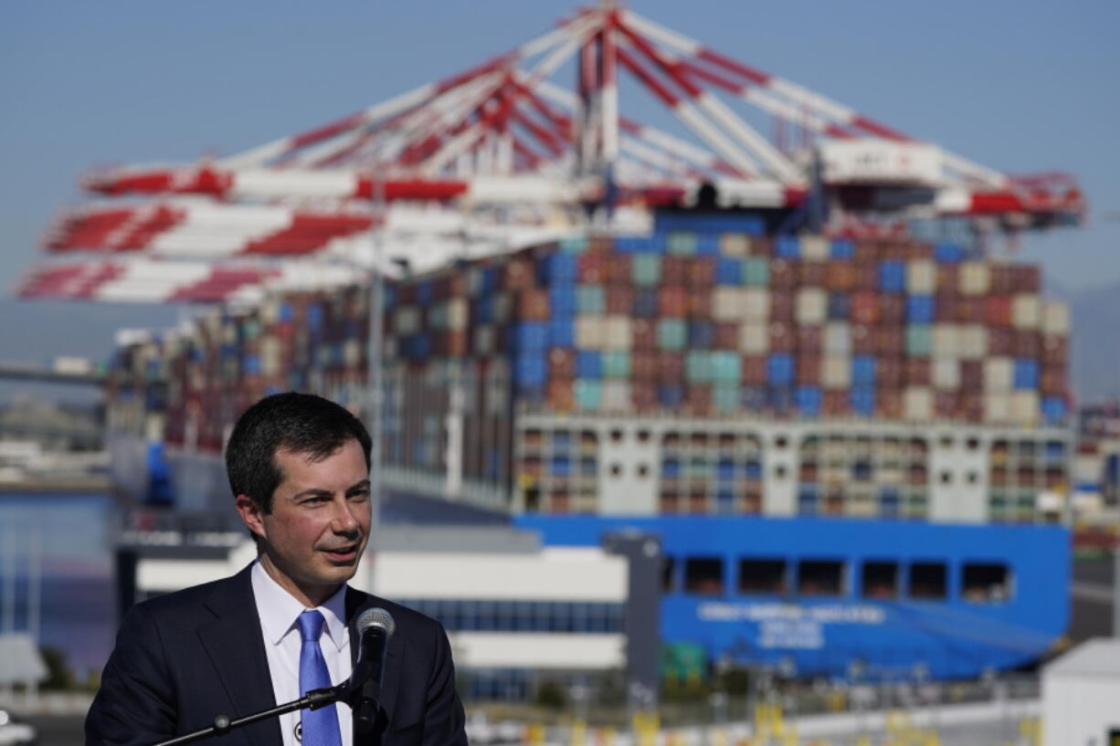 Transportation Secretary Pete Buttigieg speaks during a news conference to discuss the supply chain issues at the Port of Long Beach in Long Beach, Calif., Tuesday, Jan. 11, 2022. (AP Photo/Jae C.