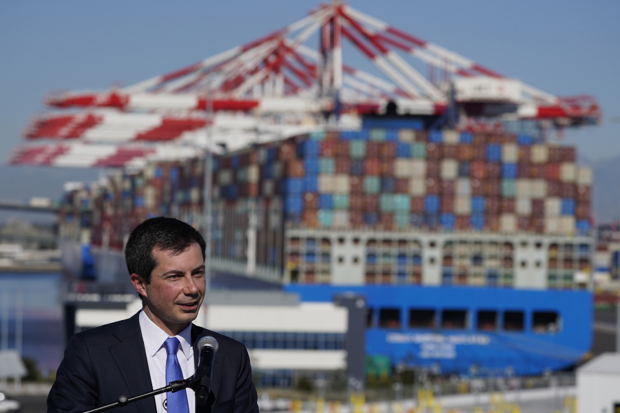 Transportation Secretary Pete Buttigieg speaks during a news conference to discuss the supply chain issues at the Port of Long Beach in Long Beach, Calif., Tuesday, Jan. 11, 2022. (AP Photo/Jae C.